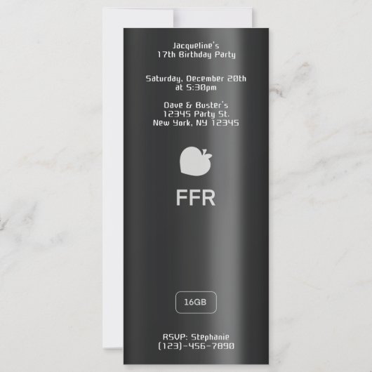 Black MP3 Music Player Birthday 招待状 (裏面)