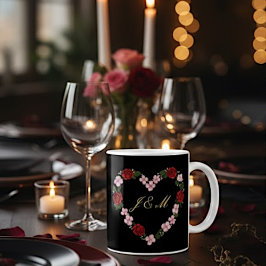 Black mug with pink and red hearts コーヒーマグカップ