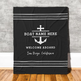 Black Nautical Boat Name Welcome Aboard Anchor  フリースブランケット