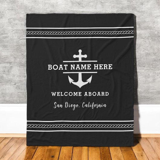 Black Nautical Boat Name Welcome Aboard Anchor フリースブランケット