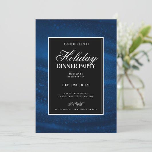 Black & Navy Blu Sequins Xmas Holiday Dinner Party 招待状 (スタンド正面)