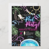 Black Neon Glow Watercolor Pool Party Birthday 招待状 (正面)