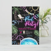 Black Neon Glow Watercolor Pool Party Birthday 招待状 (スタンド正面)
