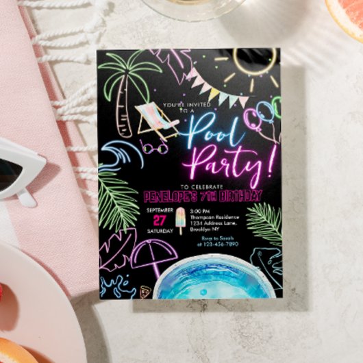 Black Neon Glow Watercolor Pool Party Birthday 招待状