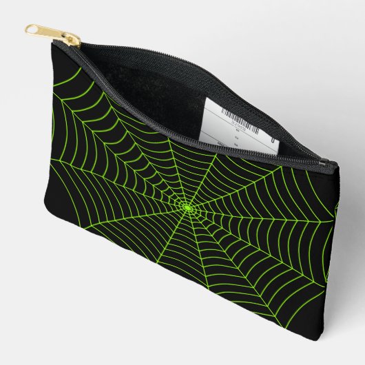 Black neon green spider web Halloween pattern アクセサリーポーチ (見開き)