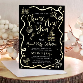 Black New Year Cheer Hand Drawn Party Real Gold 箔招待状