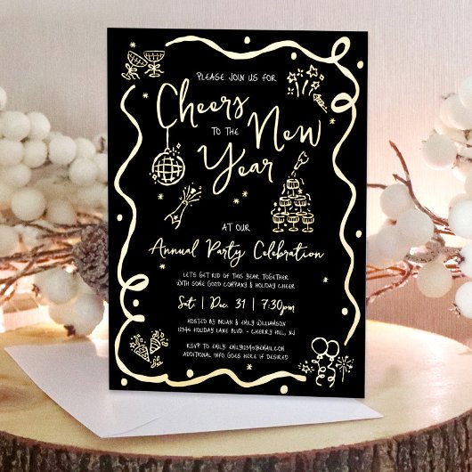 Black New Year Cheer Hand Drawn Party Real Gold 箔招待状