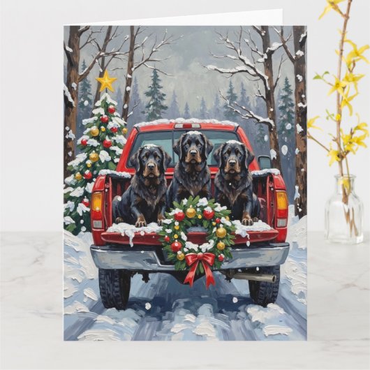 Black Newfoundland Christmas Red Truck Holiday カード (黄色い花)