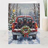 Black Newfoundland Christmas Red Truck Holiday カード (正面)