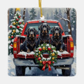 Black Newfoundland Christmas Red Truck Holiday セラミックオーナメント (正面)