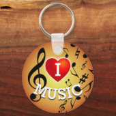 (BLACK NOTES on 金ゴールド) I Love (ハート)音楽 キーホルダー (正面)