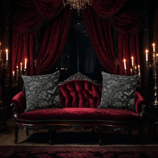 Black on Black Floral Design with Bats クッション