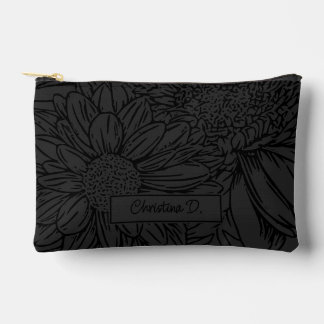 Black on Grey Chrysanthemums with Name アクセサリーポーチ