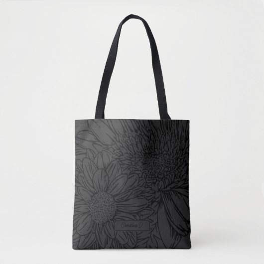 Black on Grey with Name and Chrysanthemums トートバッグ (正面)