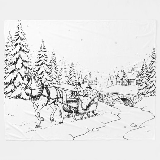 Black on White, Christmas Horse Drawn Sleigh Scene フリースブランケット (正面(横))