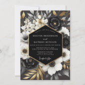 Black Opulent Floral Wedding 招待状 (正面)