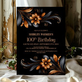 Black Orange Floral 100th Birthday Party 招待状