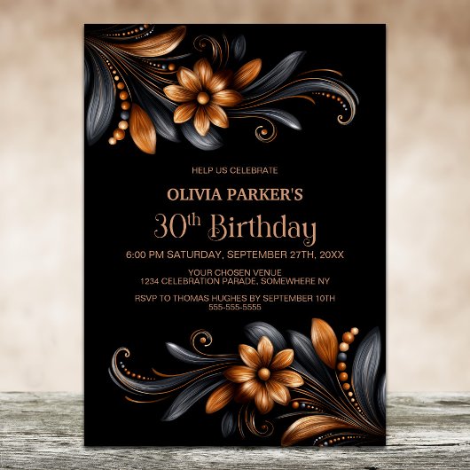 Black Orange Floral 30th Birthday Party 招待状