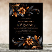 Black Orange Floral 40th Birthday Party 招待状