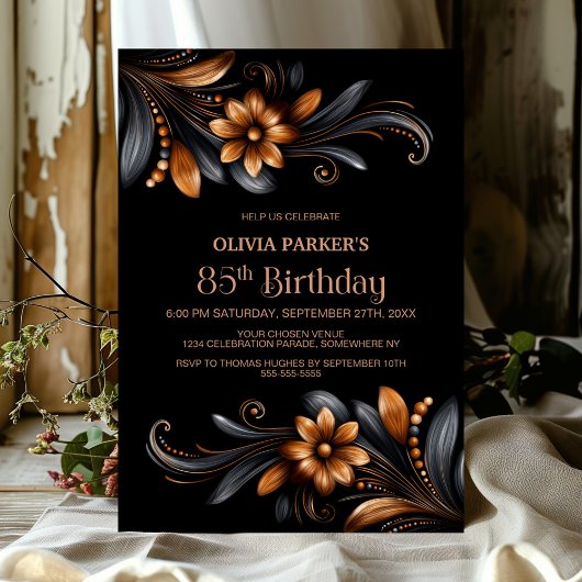 Black Orange Floral 85th Birthday Party 招待状