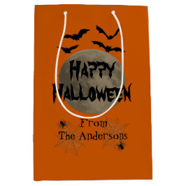 Black Orange Spooky Bats Spider Happy Halloween ミディアムペーパーバッグ
