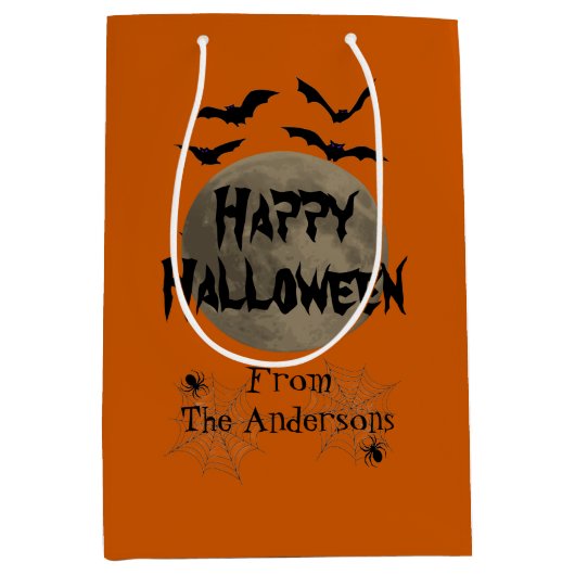 Black Orange Spooky Bats Spider Happy Halloween ミディアムペーパーバッグ (正面)