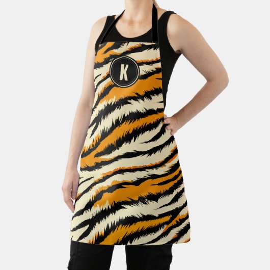 Black Orange Tiger Stripes Pattern Monogram エプロン (インサイチュ)