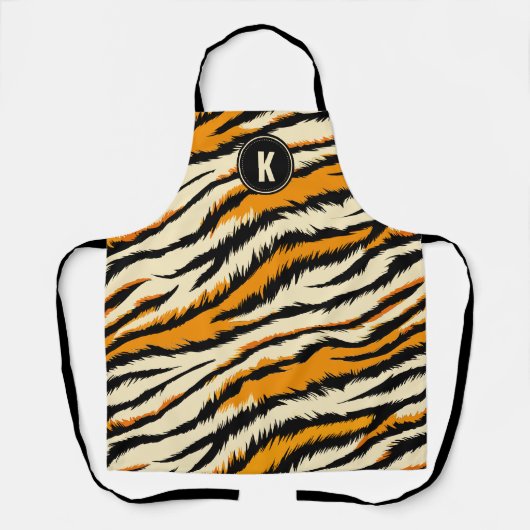 Black Orange Tiger Stripes Pattern Monogram エプロン (正面)