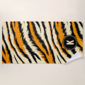 Black Orange Tiger Stripes Pattern Monogram ビーチタオル (正面)