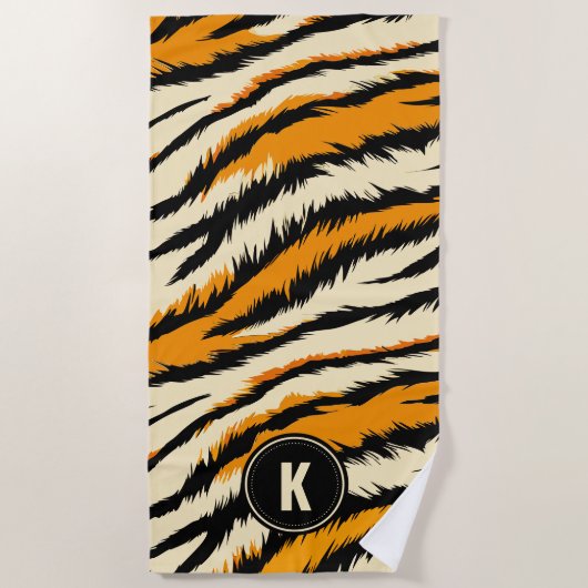 Black Orange Tiger Stripes Pattern Monogram ビーチタオル (正面)