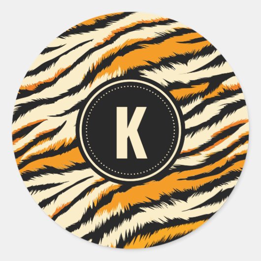 Black Orange Tiger Stripes Pattern Monogram ラウンドシール (正面)