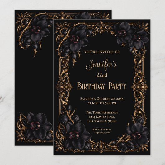 Black orchids Gothic Floral Birthday Invitation 招待状 (正面/裏面)