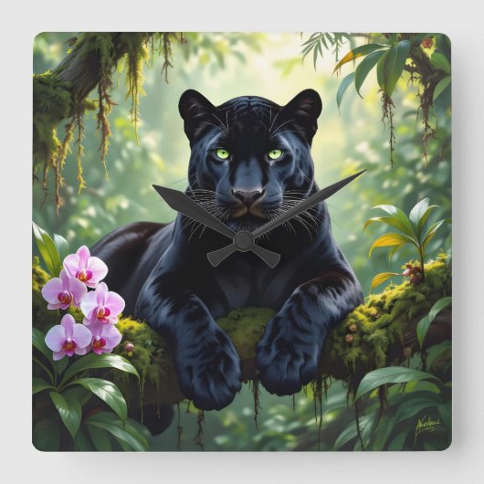 Black Panther in the Jungle スクエア壁時計 (正面)