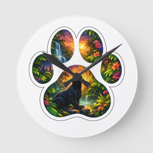 Black Panther Jungle Paw Design ラウンド壁時計 (正面)