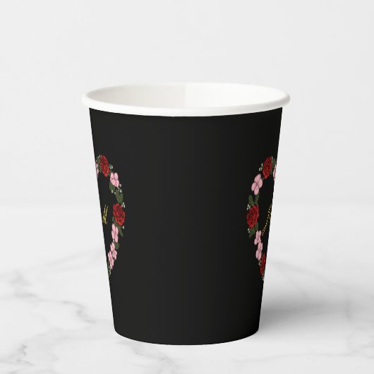 Black paper cup with a pink and red heart 紙コップ (左)