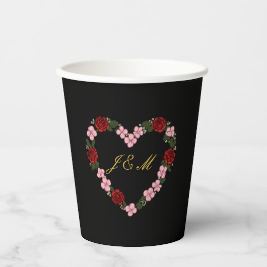 Black paper cup with a pink and red heart 紙コップ (正面)