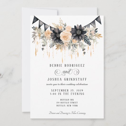 Black & Peach Floral Wedding Invitation  招待状 (正面)