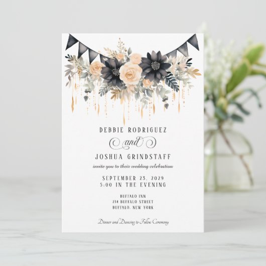 Black & Peach Floral Wedding Invitation  招待状 (スタンド正面)