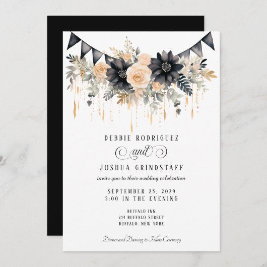 Black & Peach Floral Wedding Invitation  招待状 (正面/裏面)