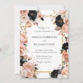 Black Peach Gold Floral Customizable Wedding  招待状 (正面)