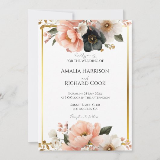 Black Peach Gold Floral Customizable Wedding  招待状 (正面)