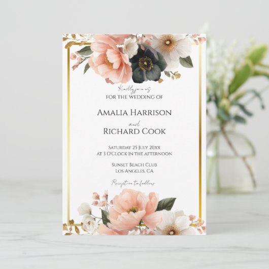 Black Peach Gold Floral Customizable Wedding  招待状 (スタンド正面)