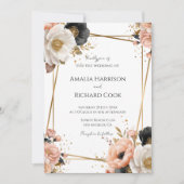 Black Peach Gold Floral Customizable Wedding  招待状 (正面)