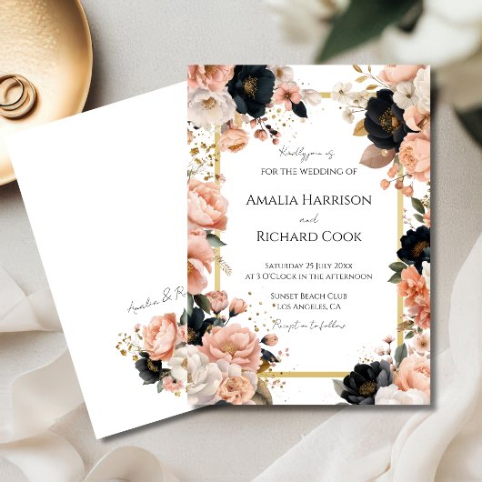 Black Peach Gold Floral Customizable Wedding  招待状