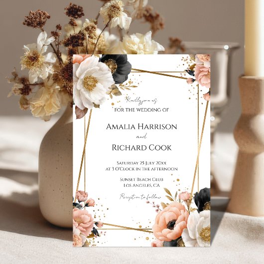 Black Peach Gold Floral Customizable Wedding  招待状