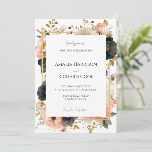 Black Peach Gold Floral Customizable Wedding 招待状 (スタンド正面)