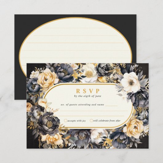 Black Peonies Boarder RSVPのレスポン結婚スカード 出欠カード (正面/裏面)