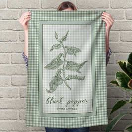 Black Pepper Herb - Green Gingham Border キッチンタオル