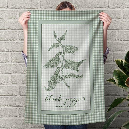 Black Pepper Herb - Green Gingham Border キッチンタオル