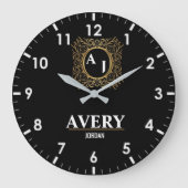 Black  Personalized Custom Monogram Luxury Gift  ラージ壁時計 (正面)